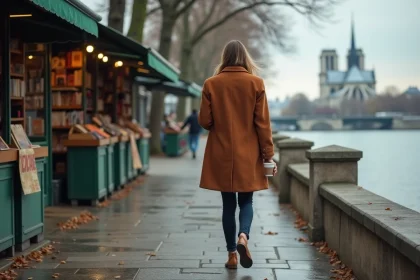 Femme se promenant seule le long des quais de la Seine à Paris un dimanche matin, bouquinistes fermés et cathédrale Notre-Dame en arrière-plan flou