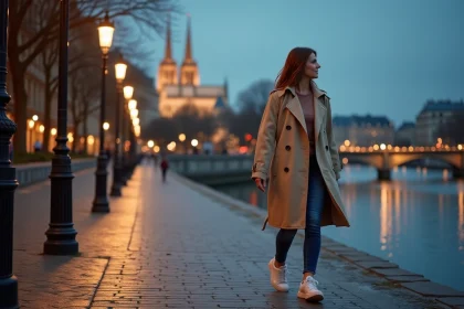 Femme se promenant le long des quais de la Seine à Paris au crépuscule, avec Notre-Dame illuminée en arrière-plan