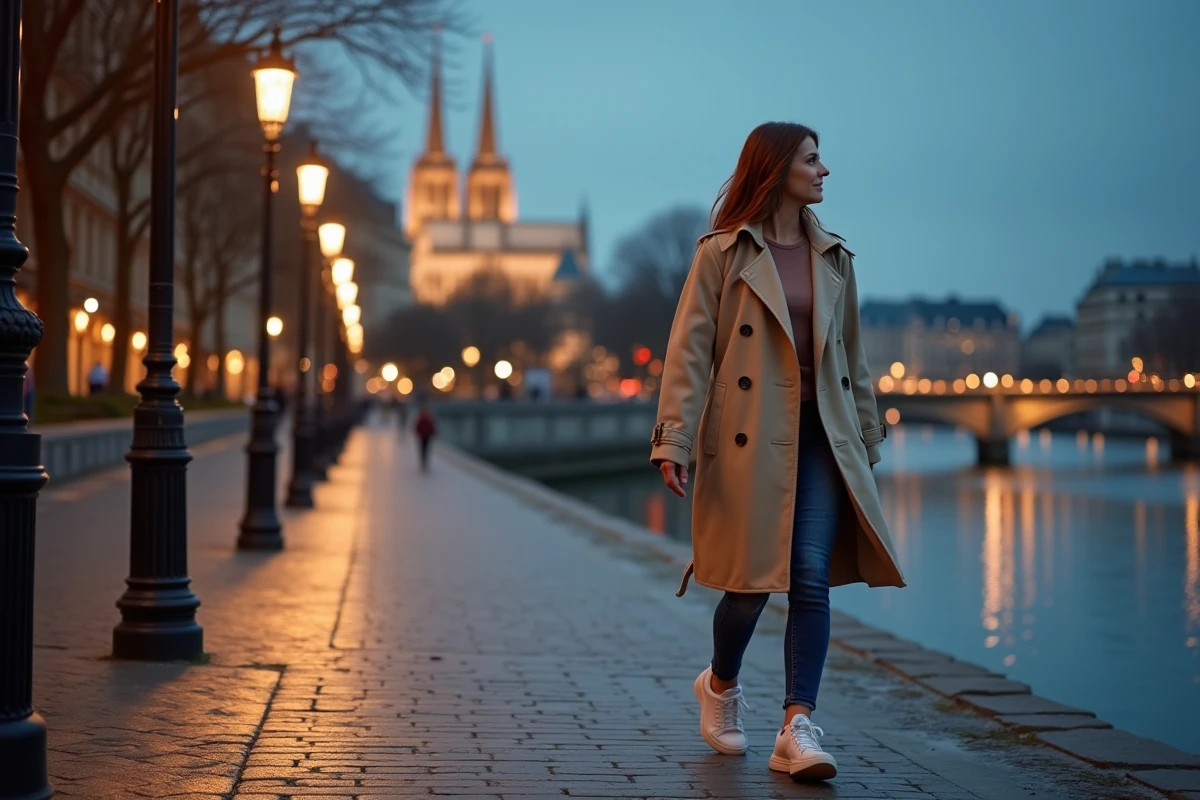 Femme se promenant le long des quais de la Seine à Paris au crépuscule, avec Notre-Dame illuminée en arrière-plan