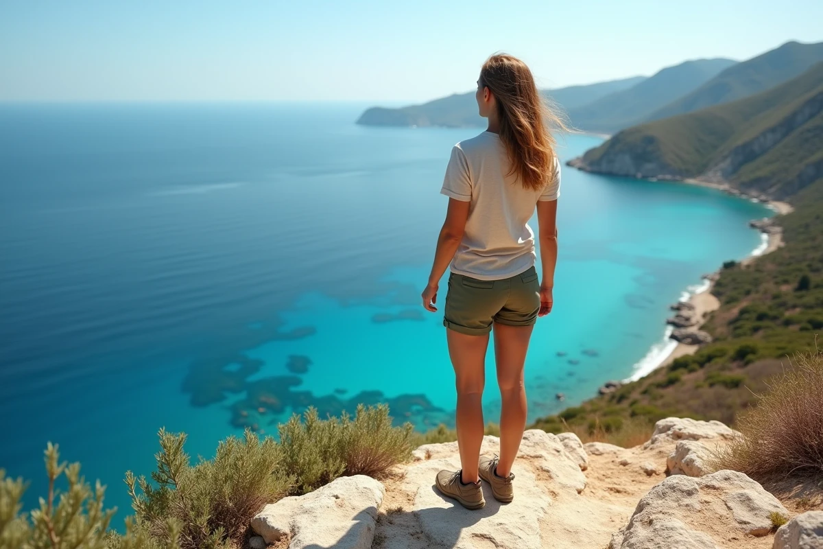 Randonneuse admirant le panorama depuis une falaise rocheuse de l'île de Porquerolles avec vue sur la mer turquoise