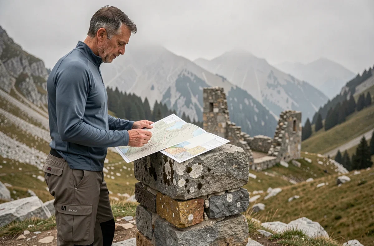 Randonneur consultant une carte topographique sur le col du Petit-Saint-Bernard