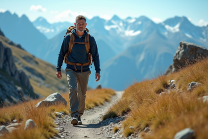 Homme randonneur en montagne avec vue sur sommets enneiges