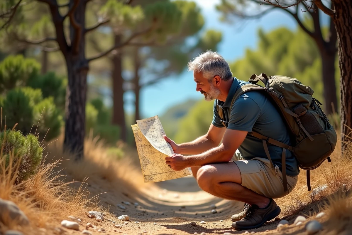 Randonneur consultant une carte sur un sentier ombragé de pins à Porquerolles avec aperçu de la mer