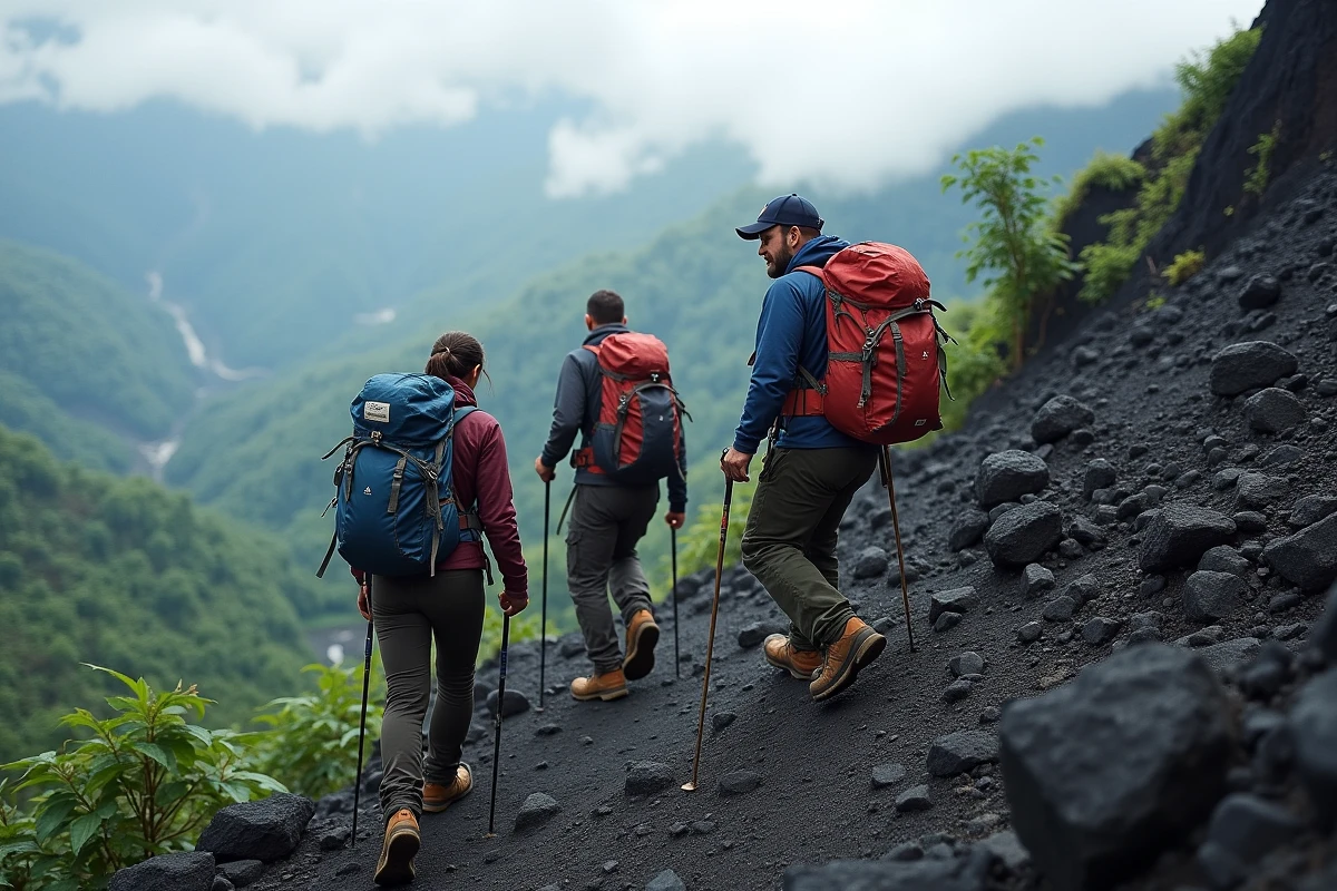 Groupe de randonneurs en tenue technique gravissant les flancs rocheux du volcan Nyiragongo dans la jungle congolaise