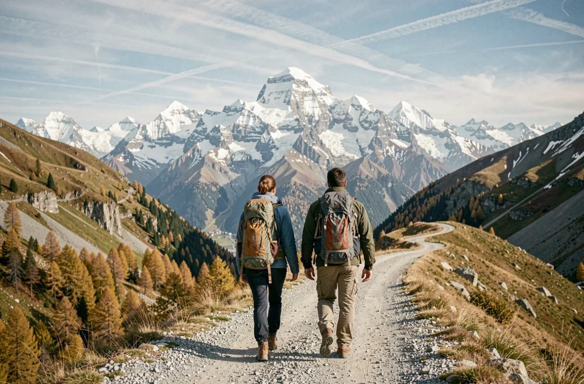 Deux randonneurs sur le sentier du col du Petit-Saint-Bernard avec le massif du Mont-Blanc