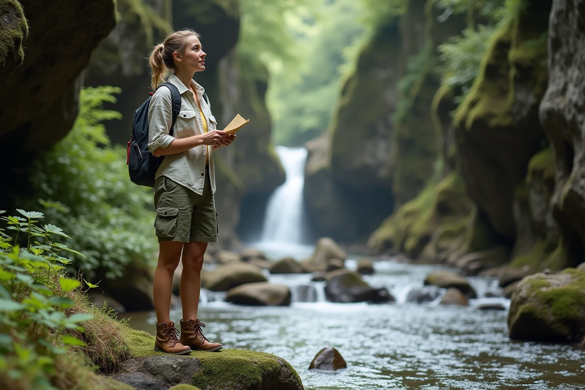 Randonneuse debout sur un rocher au bord de la rivière Vis lors d'une randonnée vers la cascade