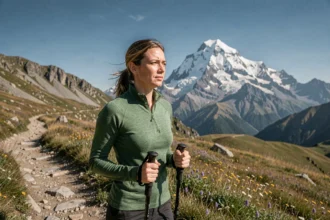 Randonneuse au Col du Petit-Saint-Bernard avec vue sur le Mont-Blanc en arrière-plan