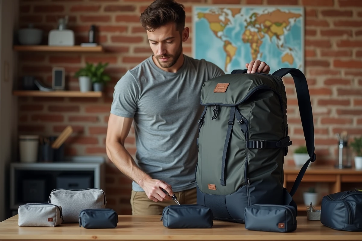 Homme rangeant méthodiquement des cubes de rangement et accessoires de voyage dans un grand sac à dos sur un bureau en bois dans un appartement urbain
