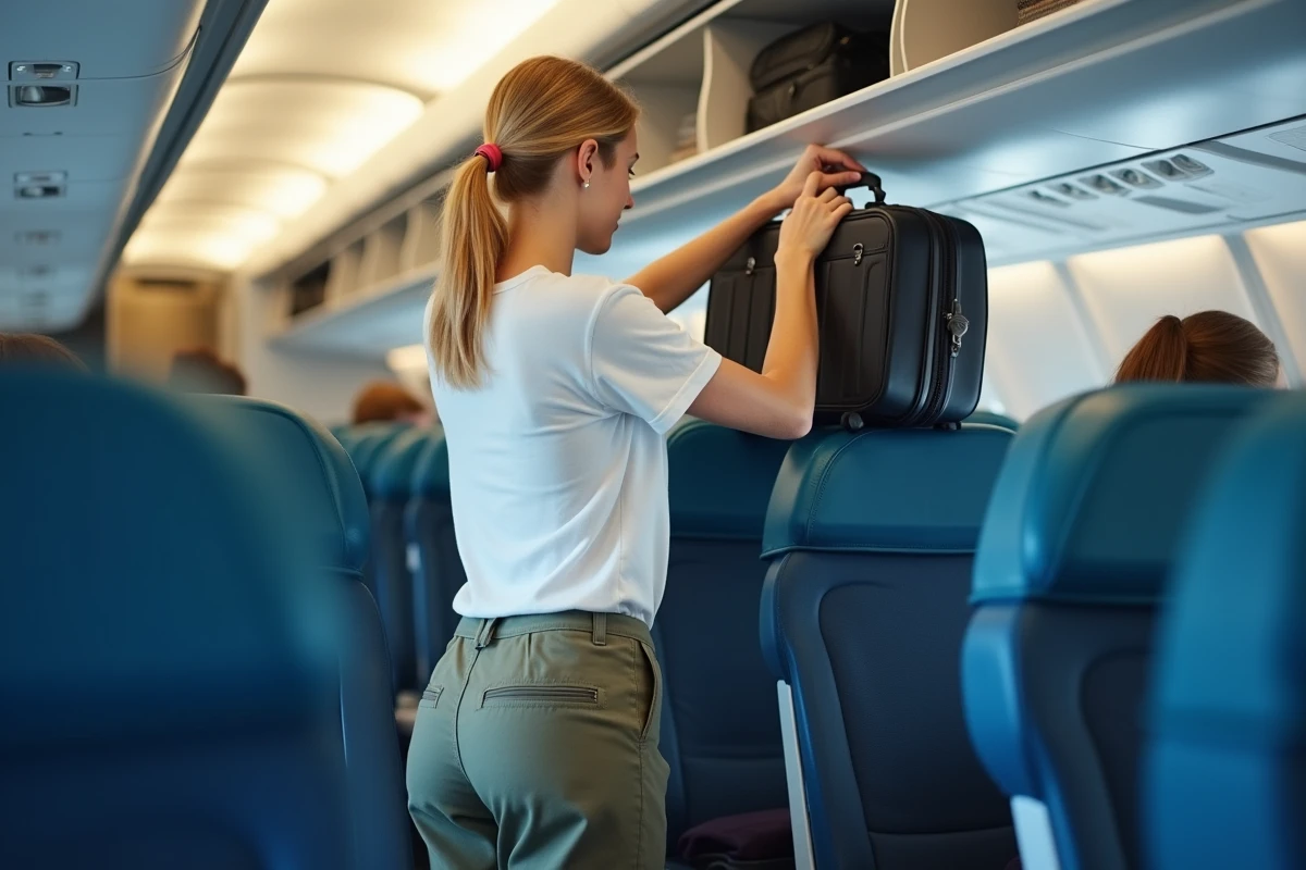 Jeune femme rangeant une valise cabine Jump dans le compartiment supérieur d'un avion