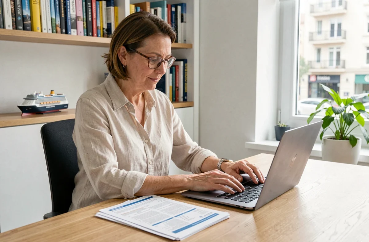 Femme consultant des documents de réservation de croisière BSP sur son ordinateur portable dans un bureau à domicile
