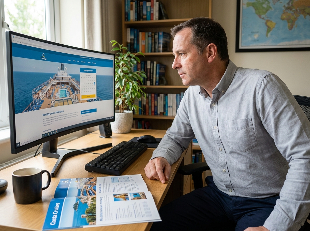 Homme consultant le site de réservation de croisières Costa depuis son bureau à domicile