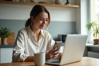 Femme réservant des vacances scolaires en ligne sur ordinateur portable depuis son appartement moderne