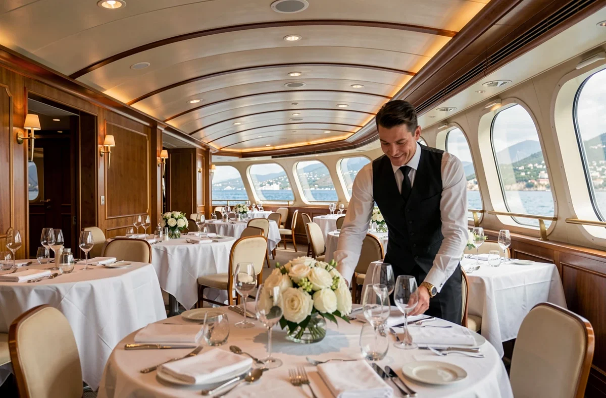 Salle de restaurant élégante à bord d'un bateau de croisière avec vue sur la Méditerranée