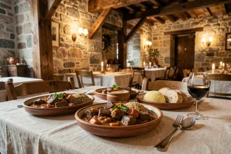 Table de restaurant traditionnel slovène à Ljubljana avec plats locaux typiques comme le goulash de bœuf et le pain de seigle