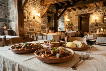 Table de restaurant traditionnel slovène à Ljubljana avec plats locaux typiques comme le goulash de bœuf et le pain de seigle