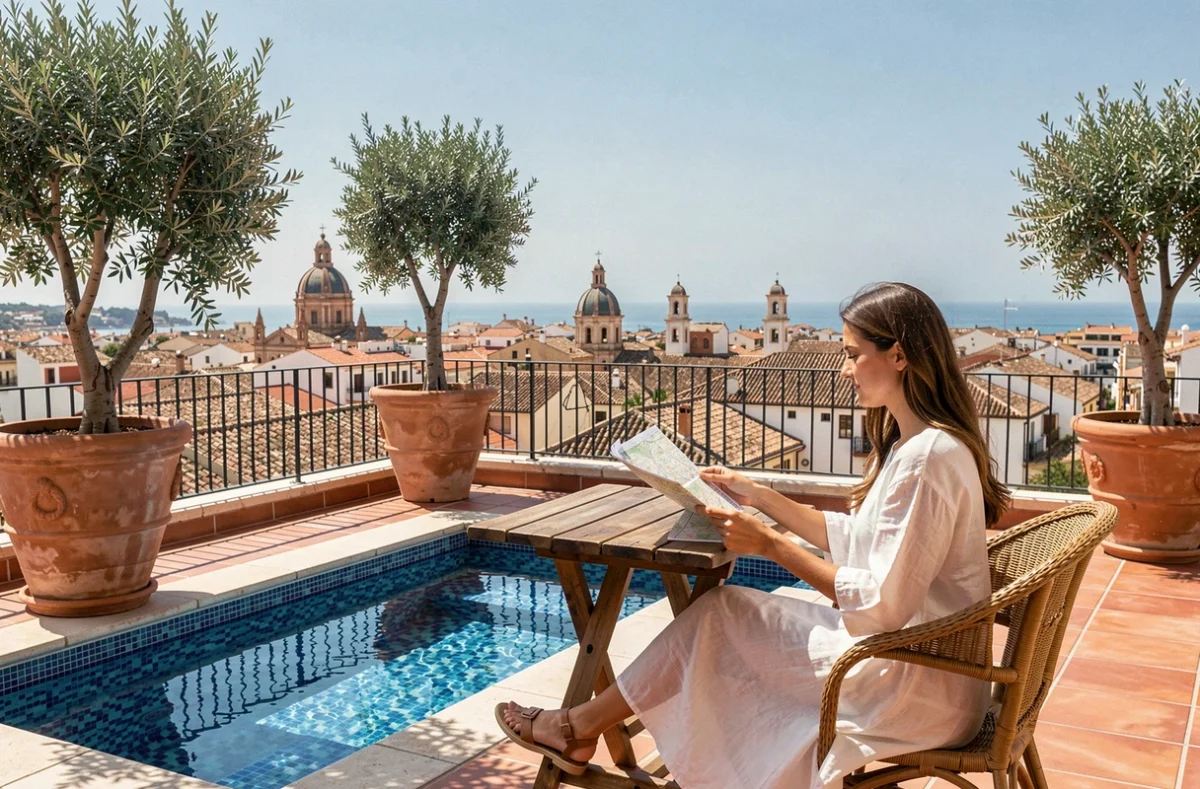 Femme sur une terrasse de rooftop d'hôtel boutique au centre de Malaga avec vue panoramique sur les toits et la mer