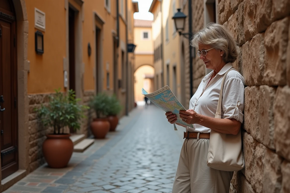 Femme consultant une carte dans une ruelle pavée du centre historique de Sienne en Toscane