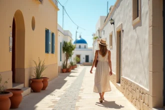 Ruelle blanchie à la chaux de l'île de Chalki avec une voyageuse en robe de lin et chapeau de paille se promenant entre des pots de fleurs colorés
