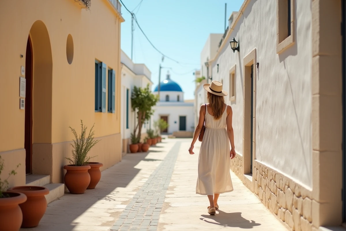 Ruelle blanchie à la chaux de l'île de Chalki avec une voyageuse en robe de lin et chapeau de paille se promenant entre des pots de fleurs colorés