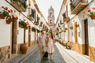 Couple de voyageurs se promenant dans une ruelle historique du centre-ville de Malaga avec une valise, architecture andalouse en arrière-plan