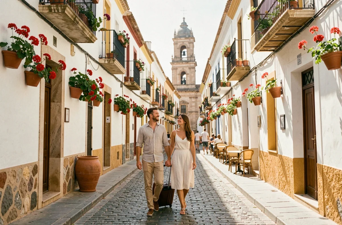 Couple de voyageurs se promenant dans une ruelle historique du centre-ville de Malaga avec une valise, architecture andalouse en arrière-plan