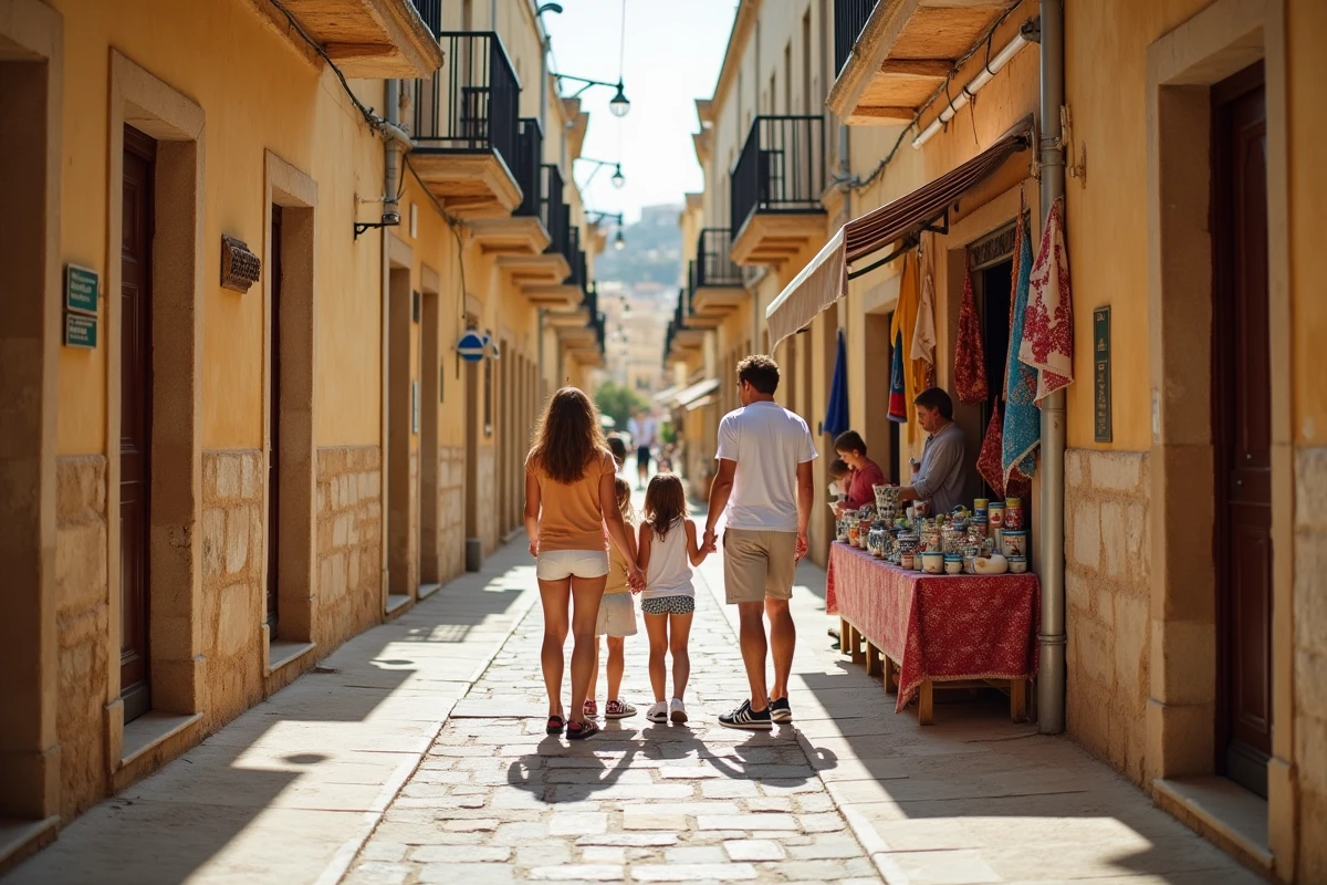Famille explorant une ruelle typique de Malte avec marché artisanal local entre Sliema et San Pawl il-Bahar