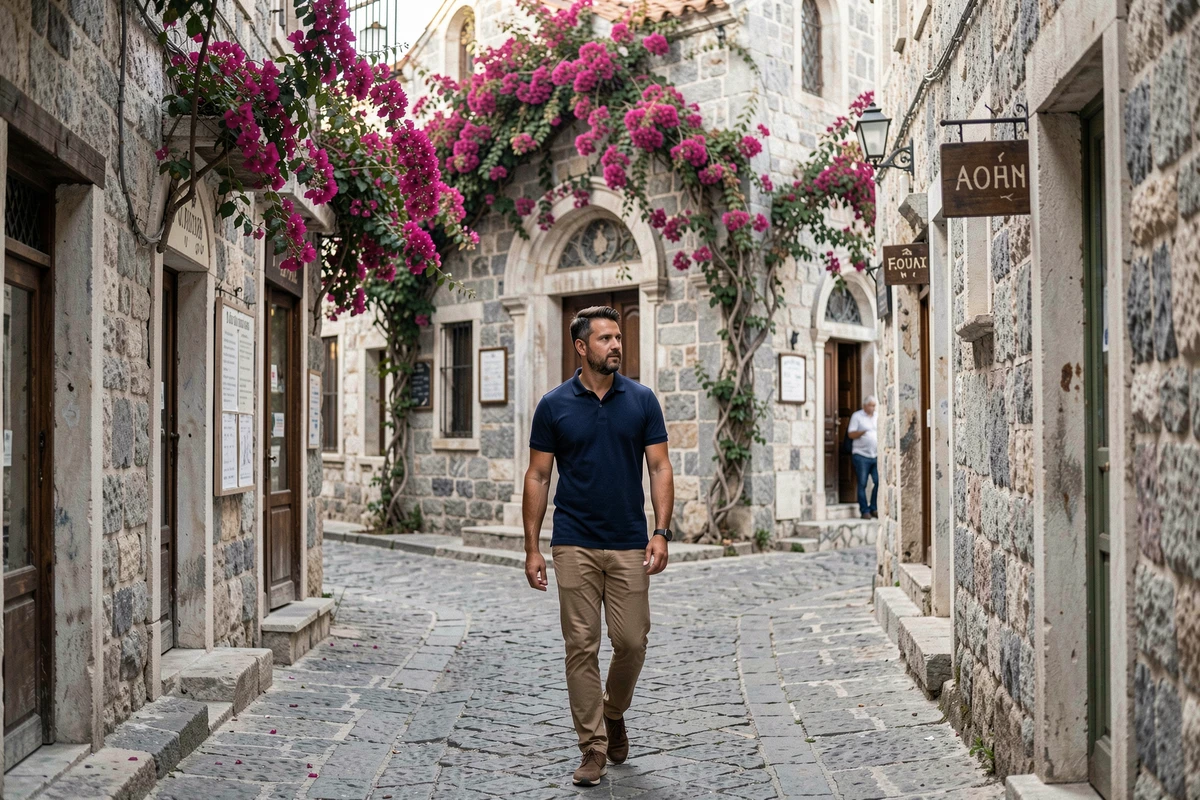 Voyageur se promenant dans les ruelles historiques de Thessalonique lors d'un séjour en Macédoine et Grèce