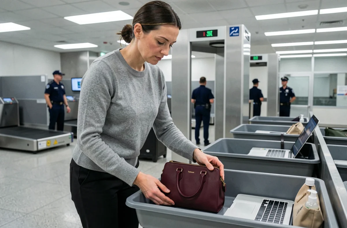 Femme passant le contrôle de sécurité aéroport avec un sac à main conforme aux dimensions bagages cabine EasyJet