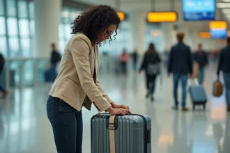 Femme attachant une sangle de sécurité sur une valise cabine Jump dans un aéroport