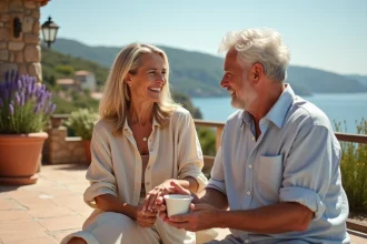 Couple de seniors en vacances au soleil sur une terrasse méditerranéenne, appliquant de la crème solaire dans un cadre confortable et sécurisé
