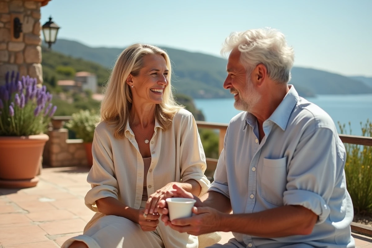 Couple de seniors en vacances au soleil sur une terrasse méditerranéenne, appliquant de la crème solaire dans un cadre confortable et sécurisé