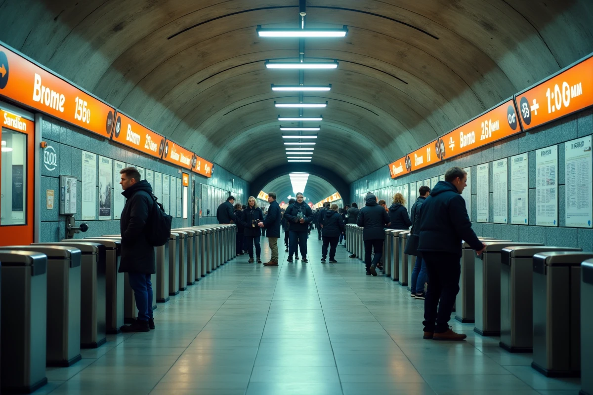 Intérieur animé d'une station de métro U-Bahn de Berlin avec portiques et guichet d'information BVG