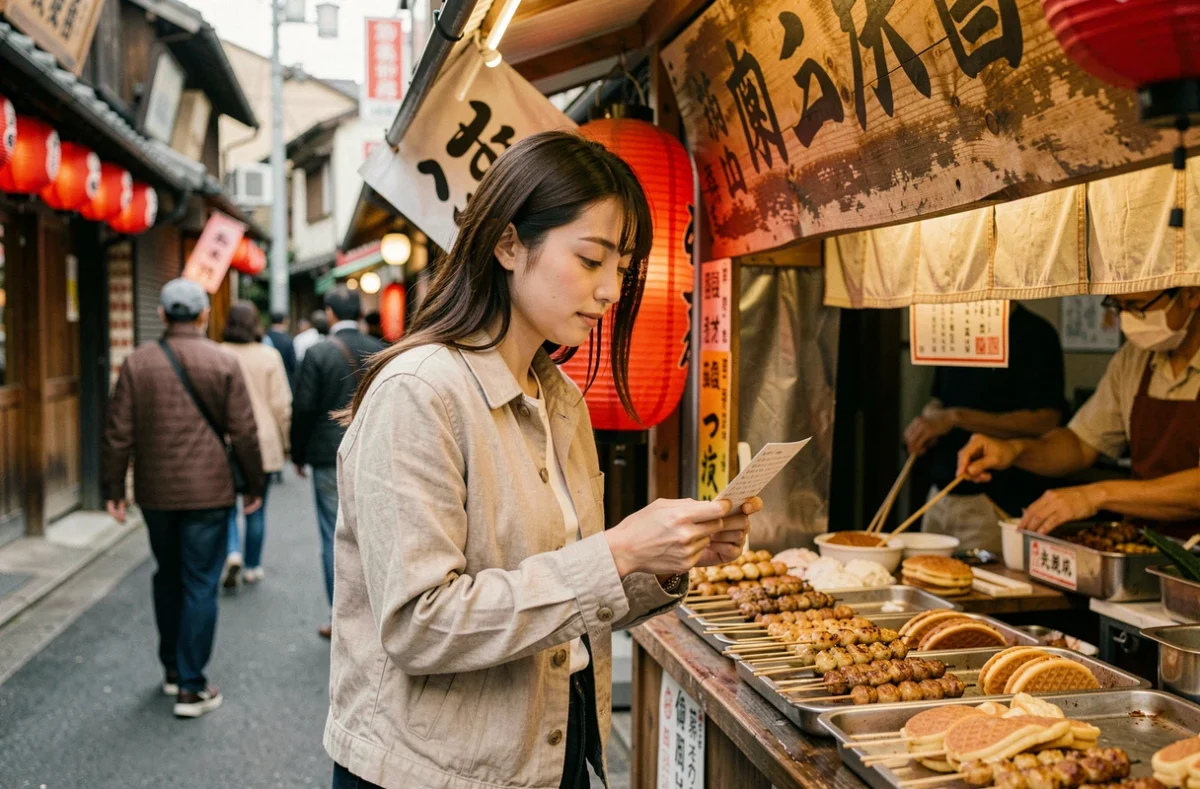 Jeune femme découvrant un stand de street food traditionnel à Asakusa, Tokyo, avec des lanternes rouges et des brochettes yakitori pour petit budget