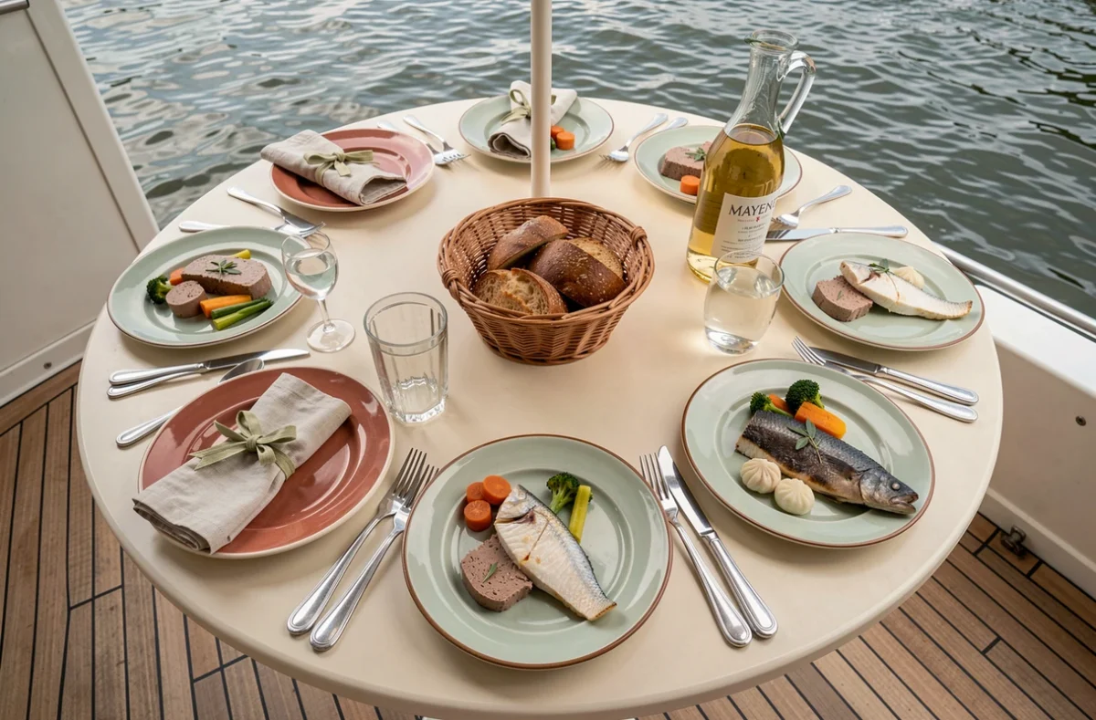 Table dressée pour un déjeuner gastronomique lors d'une croisière sur la Mayenne avec spécialités régionales