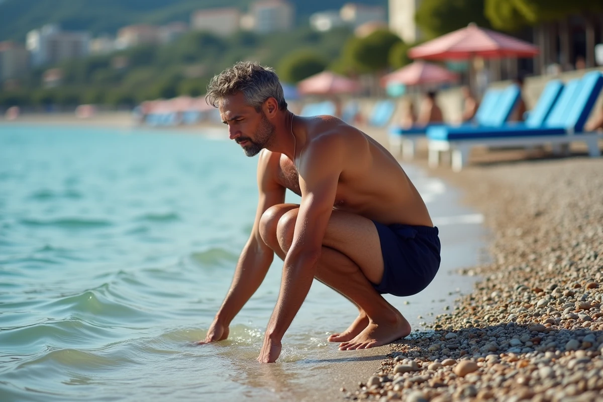 Homme vérifiant la température de l'eau sur la plage de galets à Nice avec la Promenade des Anglais en arrière-plan
