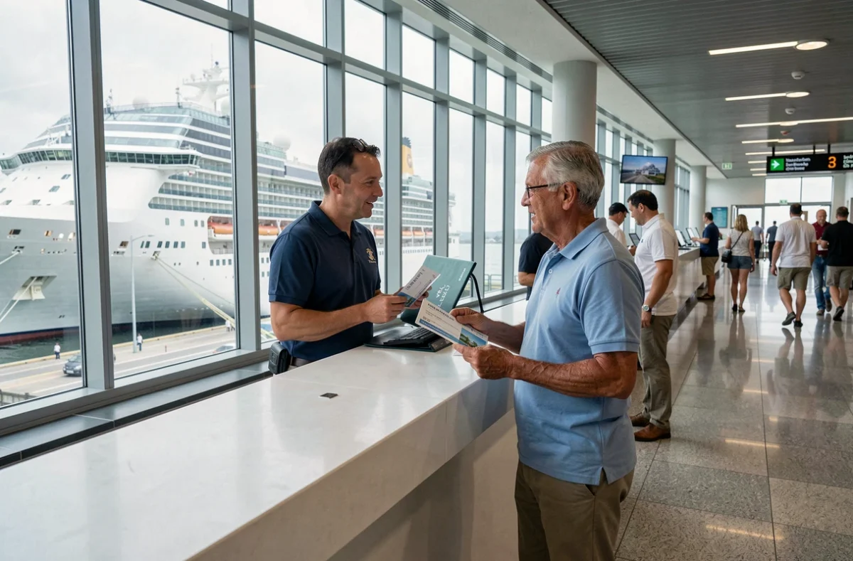 Couple au comptoir d'enregistrement d'un terminal de croisière présentant leurs billets BSP à un agent