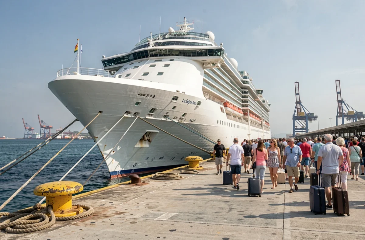 Terminal portuaire de La Seyne-sur-Mer avec passagers embarquant sur un grand navire de croisière blanc amarré au quai
