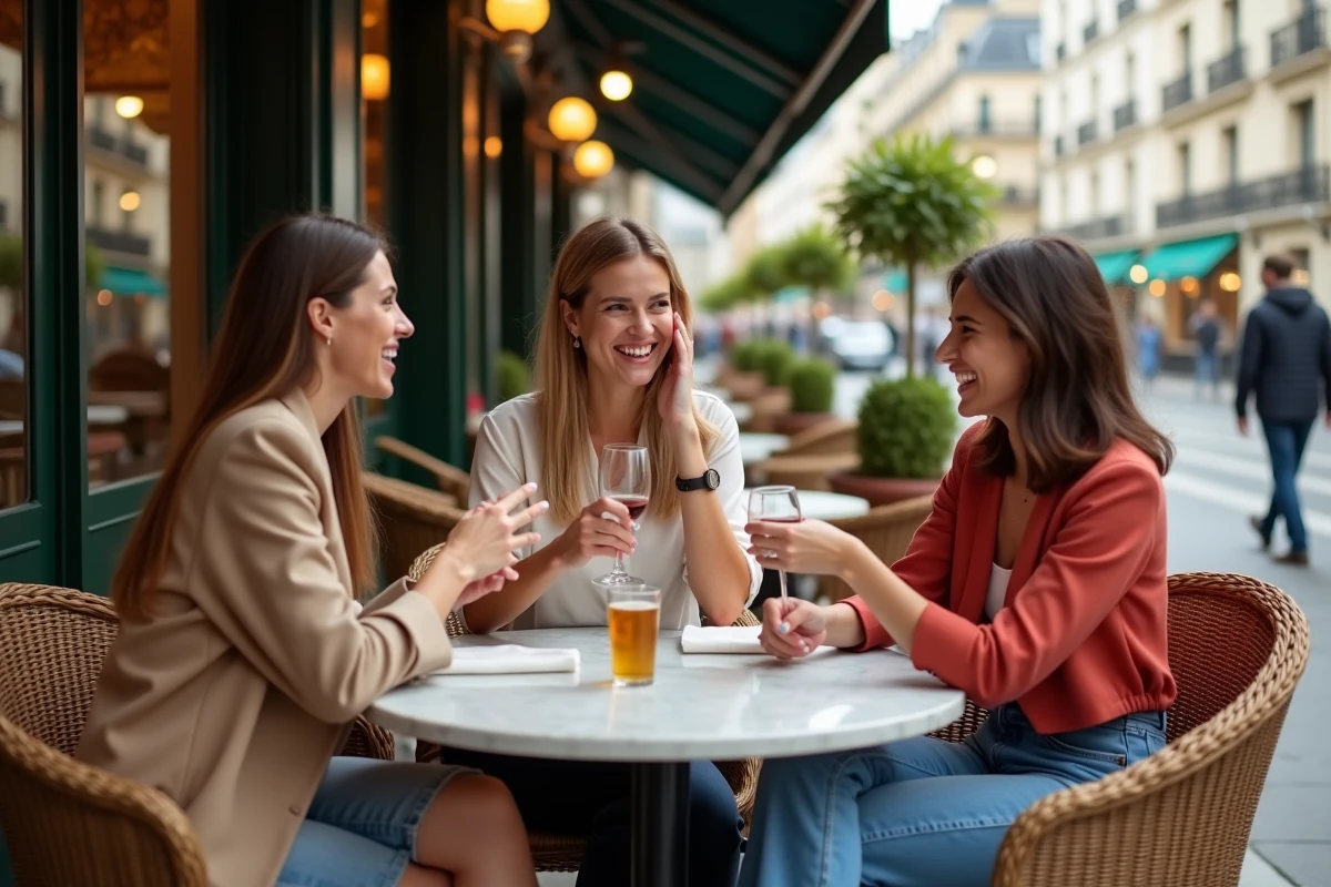 Amis attablés en terrasse de brasserie parisienne autour d'un verre