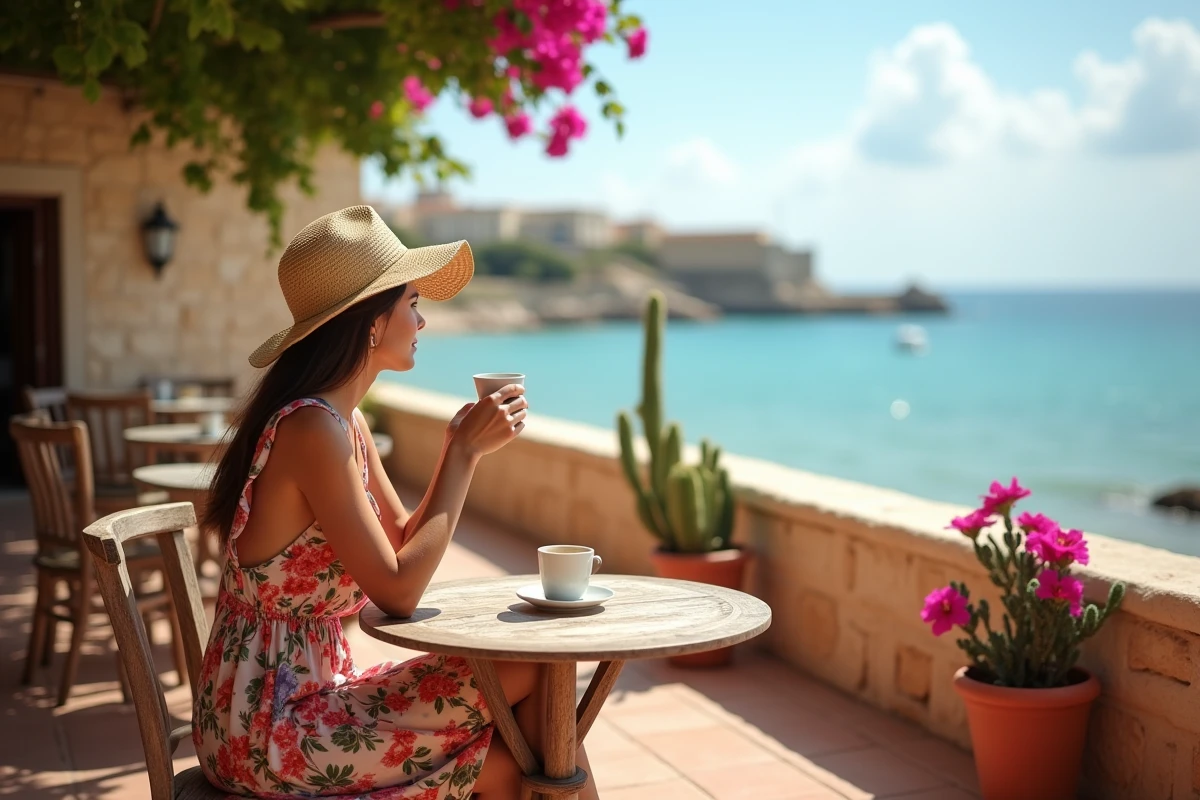 Jeune femme dégustant un café en terrasse face à la baie de San Pawl il-Bahar à Malte