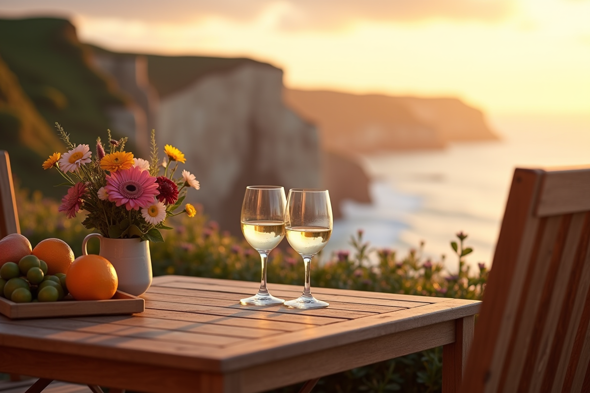 Terrasse en bord de mer avec verres de vin et fleurs au coucher du soleil