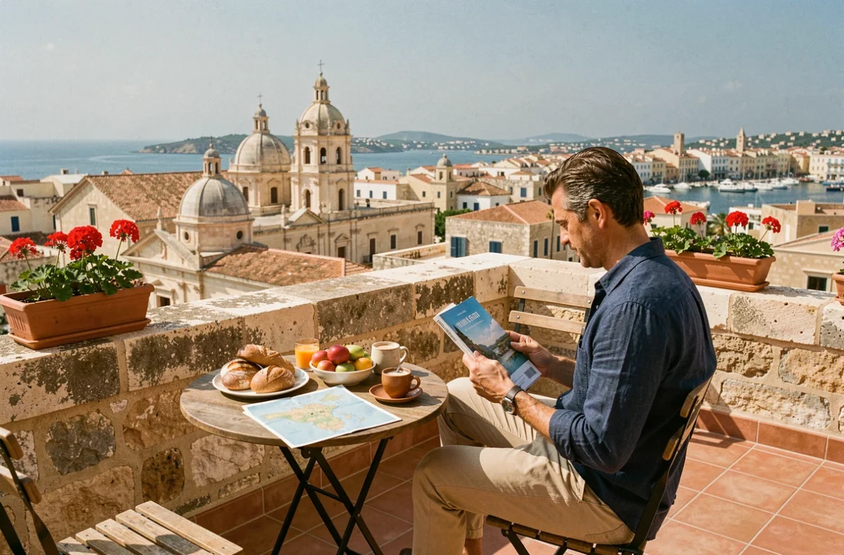 Terrasse d'une maison d'hôtes à La Valette avec vue sur les dômes baroque et le Grand Port de Malte