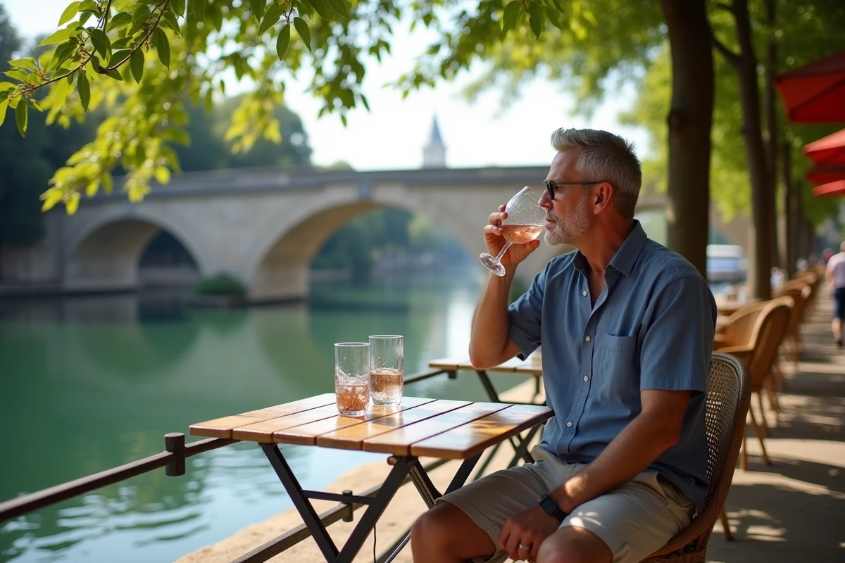 Homme attablé en terrasse ombragée au bord du Tarn avec vue sur le Pont-Vieux de Montauban