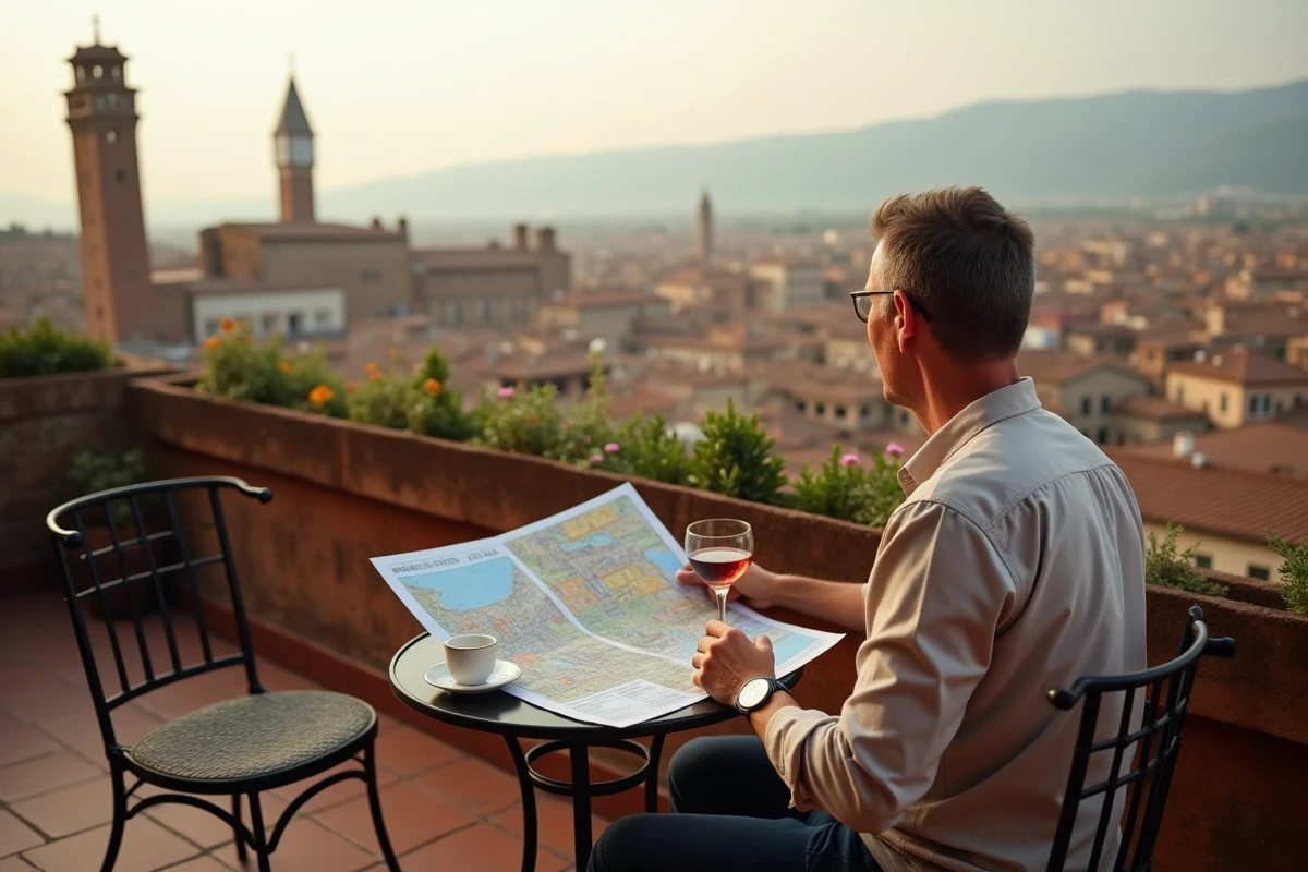 Homme planifiant son séjour avec une carte de Sienne sur une terrasse avec vue panoramique sur les toits de la ville