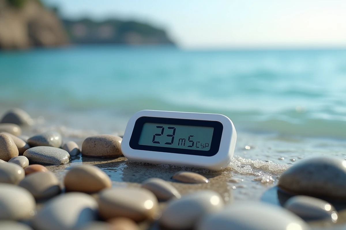Thermomètre numérique posé sur les galets de la plage de Nice mesurant la température de la mer Méditerranée