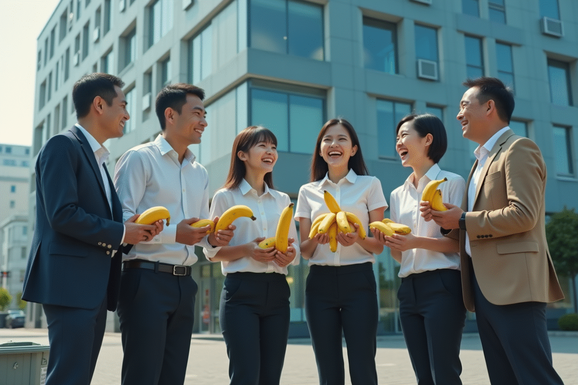 Groupe de travailleurs japonais dehors avec peaux de banane