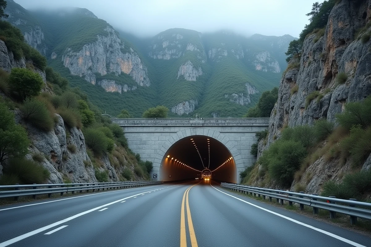 Entrée d'un tunnel autoroutier creusé dans la roche d'une montagne en Espagne avec route balisée et falaises calcaires de chaque côté