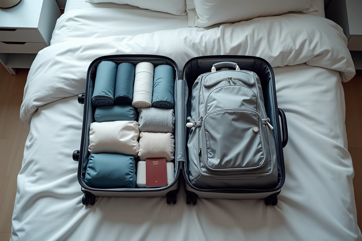 Vue à plat en hauteur d'une valise cabine et d'un sac à dos de voyage ouverts et organisés côte à côte sur un lit avec accessoires et vêtements bien rangés