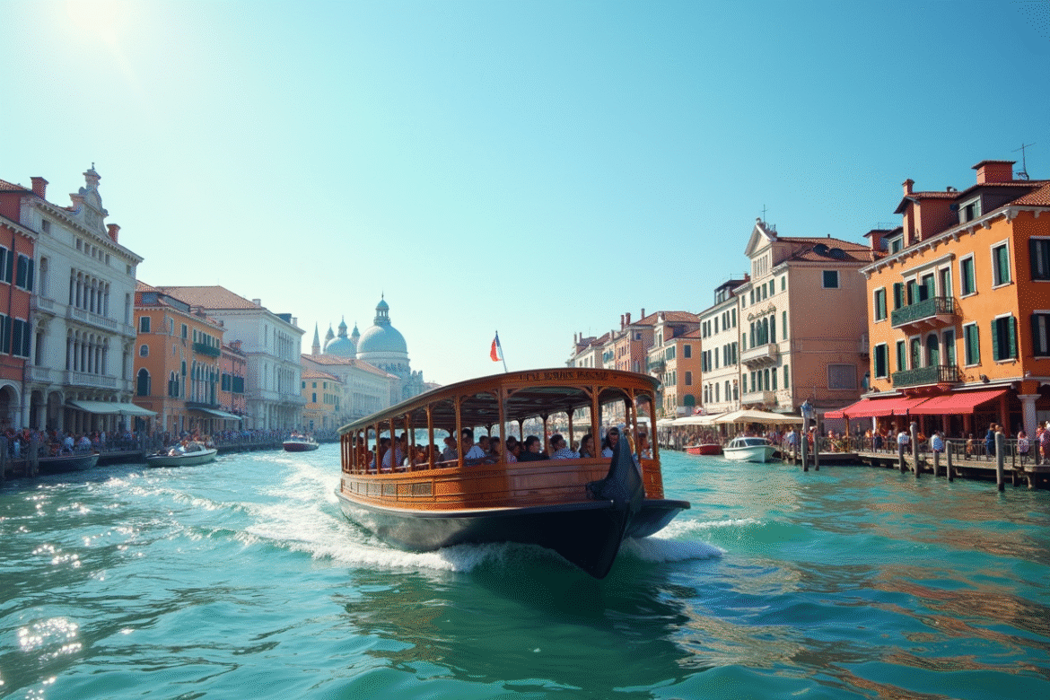 Vaporetto naviguant sur le Grand Canal à Venise ensoleillée