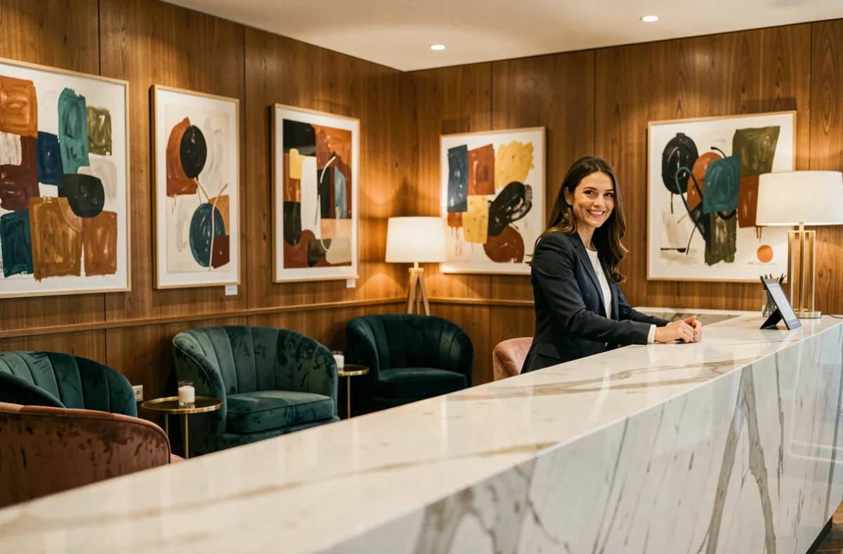 Réception élégante de l'hôtel Vertime aux Sables d'Olonne avec design contemporain et boiseries chaleureuses
