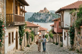 Rue pavée du vieux Ohrid avec maisons ottomanes et vue sur le lac de Macédoine du Nord